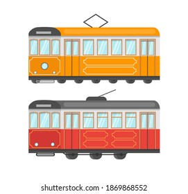 Different old retro vintage trams set. Public transport concept. Design graphic element. Electric tramway car. Vector illustration