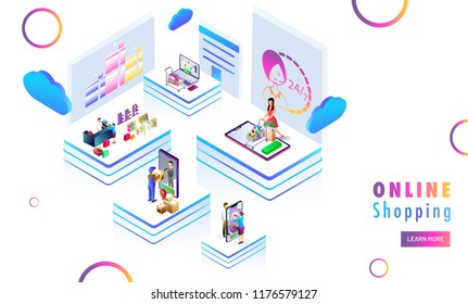 Different online shopping platforms such as clothing, grocery purchasing on abstract white background. Responsive web template design for Online shopping concept.