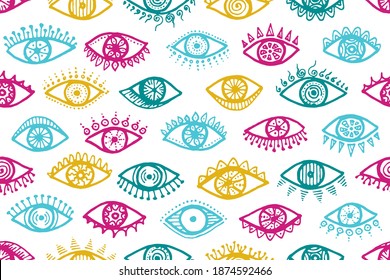 Different open eyes naive endless pattern. Sketch drawing style illustration. Mascara wrapping print design. Doodle eyes with girly eyelashes tribal repeatable ornament.