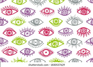 Different open eyes trendy repeatable ornament. Sketch drawing style illustration. Fashion wrapping print design. Isolated eyes on white background minimal seamless pattern.