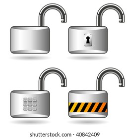 Different opened padlocks over white square background