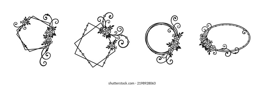 Different openwork frames with flowers, leaves, twigs and curls, isolated on a white background. Vector floral frame for holiday greeting card, wedding invitation, monogram, laser and plotter cutting