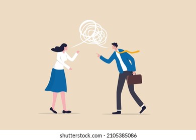 Different opinion, conflict or argument in meeting discussion debate, disagreement or fight, challenge dialog concept, businessman and woman colleague arguing different opinion to find out solution.