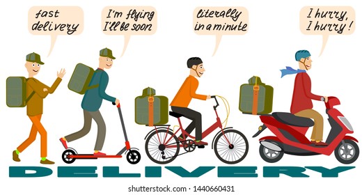 Different options for delivery service. The concept of courier service. Delivery of the parcel by an employee or courier. Vector illustration