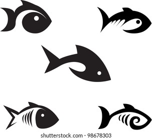 Different options of the stylized fishes on a white background.