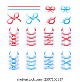 Different options for tying shoelaces, a set of knots in red and blue on a white background