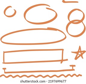 Different orange strokes set. Ovals, lines, star, rectangle and two circles overlapping. Highlight. underline by marker pen.Hand drawn doodle