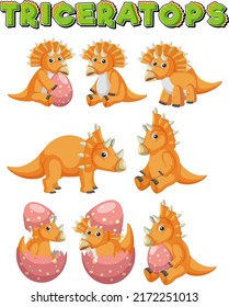 Different orange triceratops dinosaur collection illustration