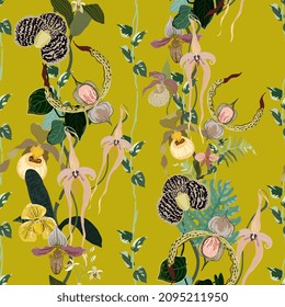 Different orchid flowers, leaves and twigs on yellow green background. Floral seamless vector pattern. Repeat square design for fabric, wallpaper, wrapping paper. Colorful tropical forest. Art print.