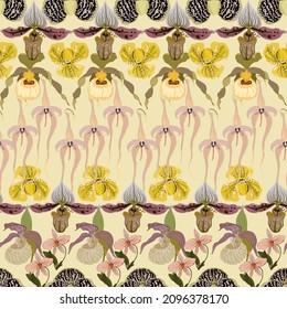 Flores de orquídeas diferentes sobre fondo crema clara. Patrón vectorial sin fisuras florales. Repita el diseño cuadrado para tela, papel pintado, papel envolvente. Colores amarillos y beige. Bosque tropical. Impresión artística.