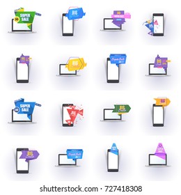 Different Origami Sale Pop-up Banner, Laptop and Smart Phone Illustration, Ad Web Template Big Set