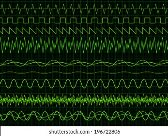Different oscilloscope waves. Vector illustration on graph background 
