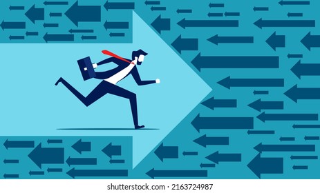 different from others. A businessman runs forward following the arrowhead. business concept vector illustration