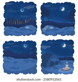 Different outdoor natural scene under moon light at night