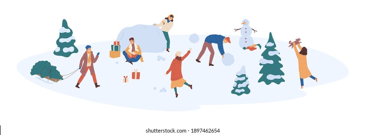 Different outdoor winter activities of young people. Characters playing snowballs, making snowman and walking with pet. Colored flat vector illustration isolated on white background