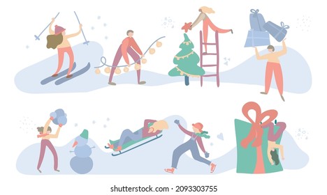 Diferentes actividades de invierno al aire libre de los jóvenes. Family Outdoor Activity navidad Fun Set. Árbol de Navidad, compras, haciendo un muñeco de nieve