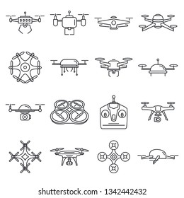 Different outline drones set. Aerial delivery and photo robots vector linear set. Aircraft robot, control propeller wireless vector illustration