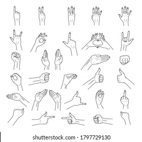 Different outline hands gestures with interpretations of various emotions and signs. Hand drawn sketch isolated on a white. Vector illustration.