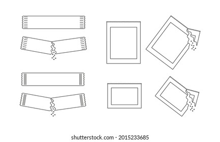 Bolsitas con azúcar, sal o pimienta. Conjunto de envases con polvo soluble entero y vertido. Trazo editable. Iconos de línea delgada. Ilustración lineal vectorial. 