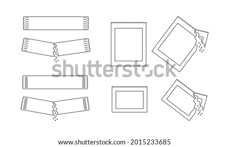 Different outline sachets with sugar, salt or pepper. Set of packets with soluble powder whole and poured. Editable stroke. Thin line icons. Vector linear illustration. 