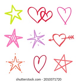 Different outlined stars and hearts on white. Freehand art. Colorful illustration
