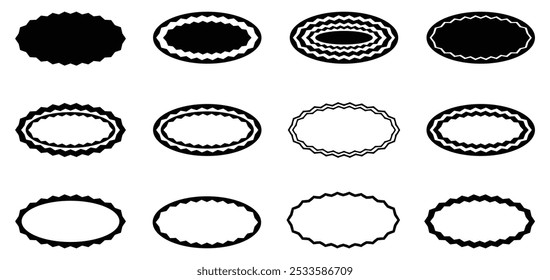 Diferentes quadros ovais com bordas em ziguezague definidas. Formas elípticas com bordas irregulares. Caixa de texto, adesivo. Quadro de forma oval e arredondado com modelos de canto, marca ou balão de fala. Plano de fundo da forma de canto.