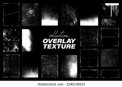 Different overlay textures, high level of detail. Stamps effect overlay - old, vintage, spray, dust, grunge, crack, concrete, graffiti and other effects. Dirty grainy stamps texture. Vector set	
