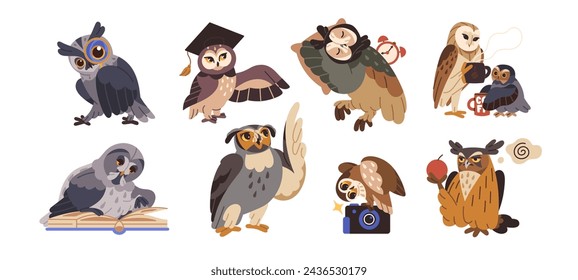 Different owls set. Sleepy characters with coffee. Cute owlets sleep, read book, looking in magnifying glass. Curious bird in graduate cap. Flat isolated vector illustration on white background
