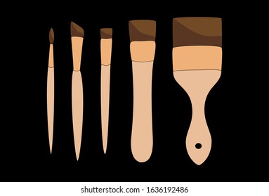 Different paint brushes isolated on black background. Art tools set vector illustration.