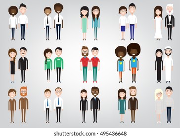 different pairs of two people on a white background in similar clothes