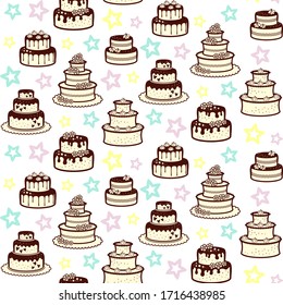 Different pale pink wedding and birthday cakes with flowers, stars and meringues on a white background with colorful stars. Vector seamless pattern for bakery, sweet shop, pastry shop, confectionery