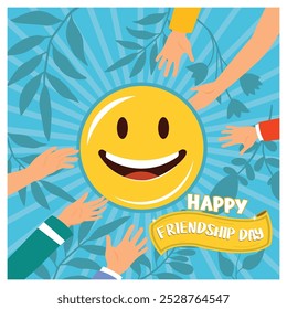 Different palms with smile emoji. International Friendship Day. Friendship Day concept. Flat vector illustration.