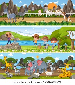 Different panoramic nature landscape set with cartoon character illustration