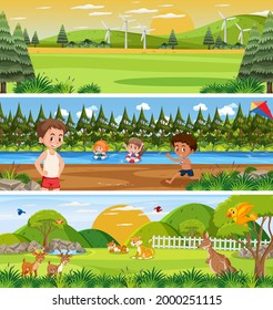 Different panoramic nature landscape set with cartoon character illustration