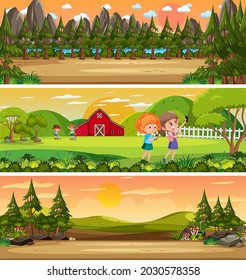 Different panoramic nature landscape set with cartoon character illustration