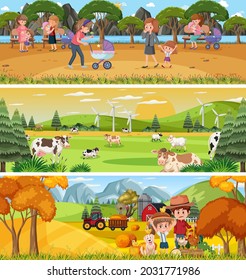 Diferentes paisajes naturales panorámicos con ilustración de caricaturas