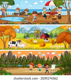 Diferentes paisajes naturales panorámicos con ilustración de caricaturas