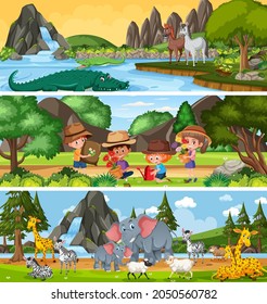 Diferentes paisajes naturales panorámicos con ilustración de caricaturas