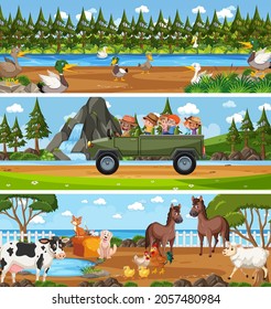 Different panoramic nature landscape set with cartoon character illustration