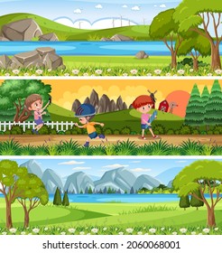 Different panoramic nature landscape set with cartoon character illustration