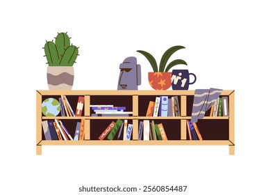 Different paper books on shelves of bookcase. Bookshelf, wooden case of novels, tales, stories for reading. Interior decoration of home library, furniture. Flat isolated vector illustration on white