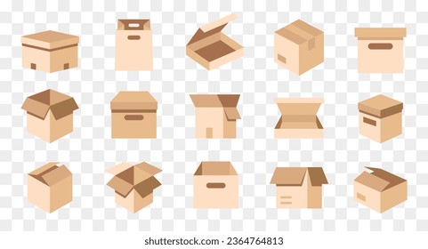 Different paper boxes collection for shipping, delivery. Carton delivery packaging open and closed box. Cardboard box set