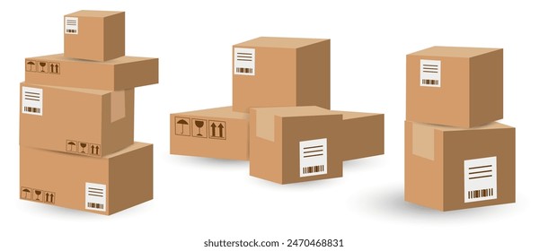 Verschiedene Papierboxen Kollektion für Versand, Auslieferung. Kartonverpackung, offene und geschlossene Box. Karton