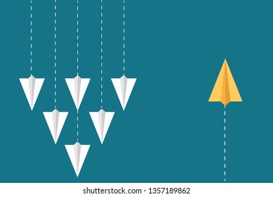 Different paper planes fly opposite. Creative and different concepts lead to success in work. Vector illustration in flat design background.