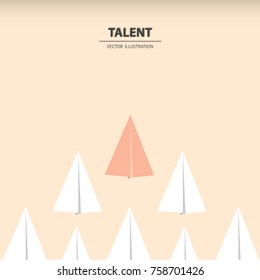 A different paper rocket flying out from others. Business concept of talent, leadership, teamwork, creativity and recruitment. Vector illustration.