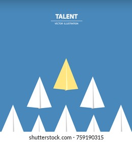 A different paper rocket flying out from others. Business concept of talent, leadership, teamwork, creativity and recruitment. Vector illustration.