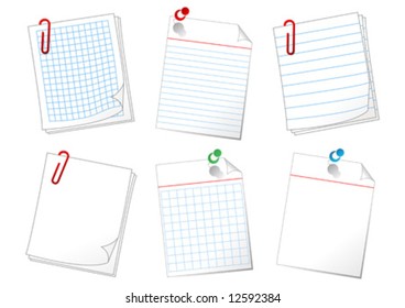 Different paper sheets attached with pins and clips over white background