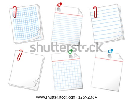 Different paper sheets attached with pins and clips over white background