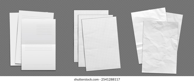 Folhas de papel diferentes definidas no fundo cinza. Páginas de bloco de anotações alinhadas, modelos de grade quadrados e documentos em branco amassados com efeitos de sombra realistas para escrita, esboço e modelo de design criativo