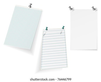 Different papers with clips on white background